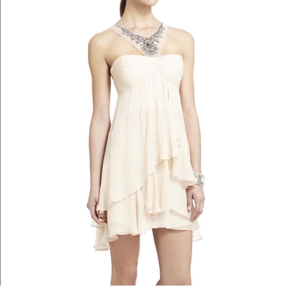 BCBGMaxAzria Joyce Vanilla  beaded neck  Dress. GORGEOUS!